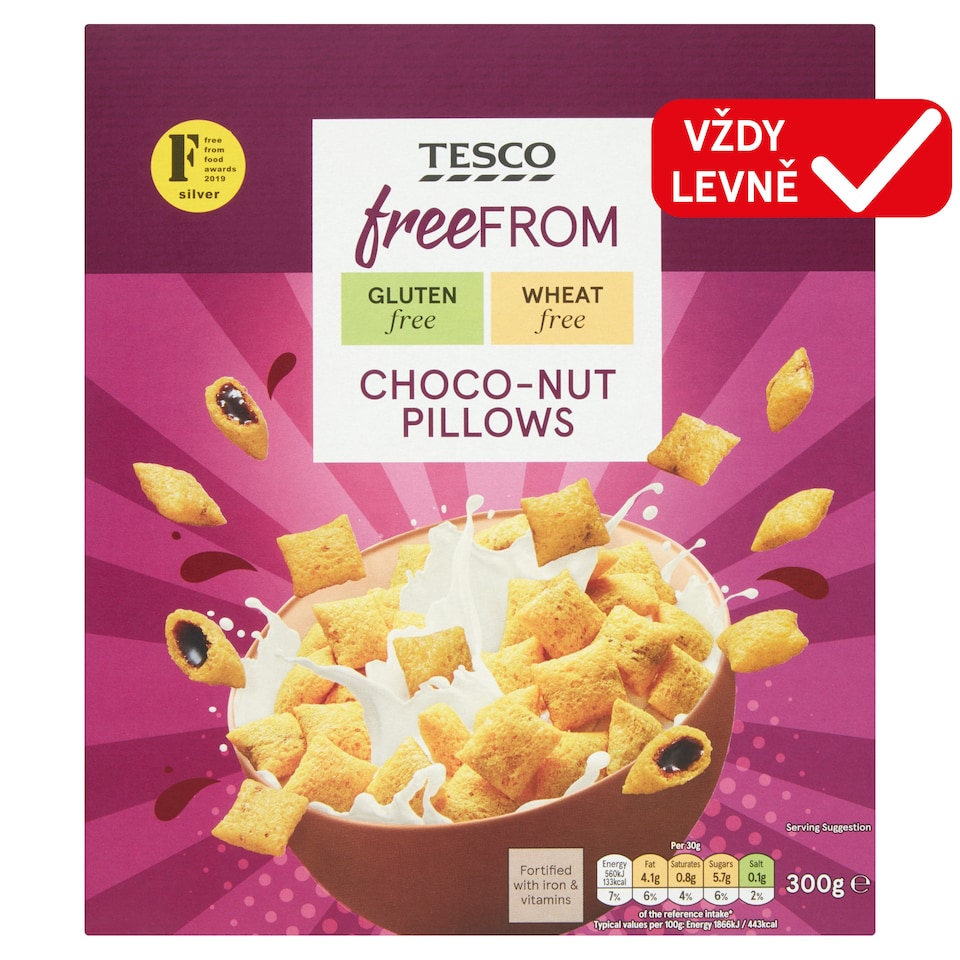 Obrázek 1 pro produkt Tesco Free From Cereální polštářky s náplní s lískooříškovo-čokoládovou příchutí 300g