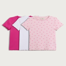 F&F Girls 3-Pack Cotton Rich Ribbed Heart Print T-Shirts in Multi Pink