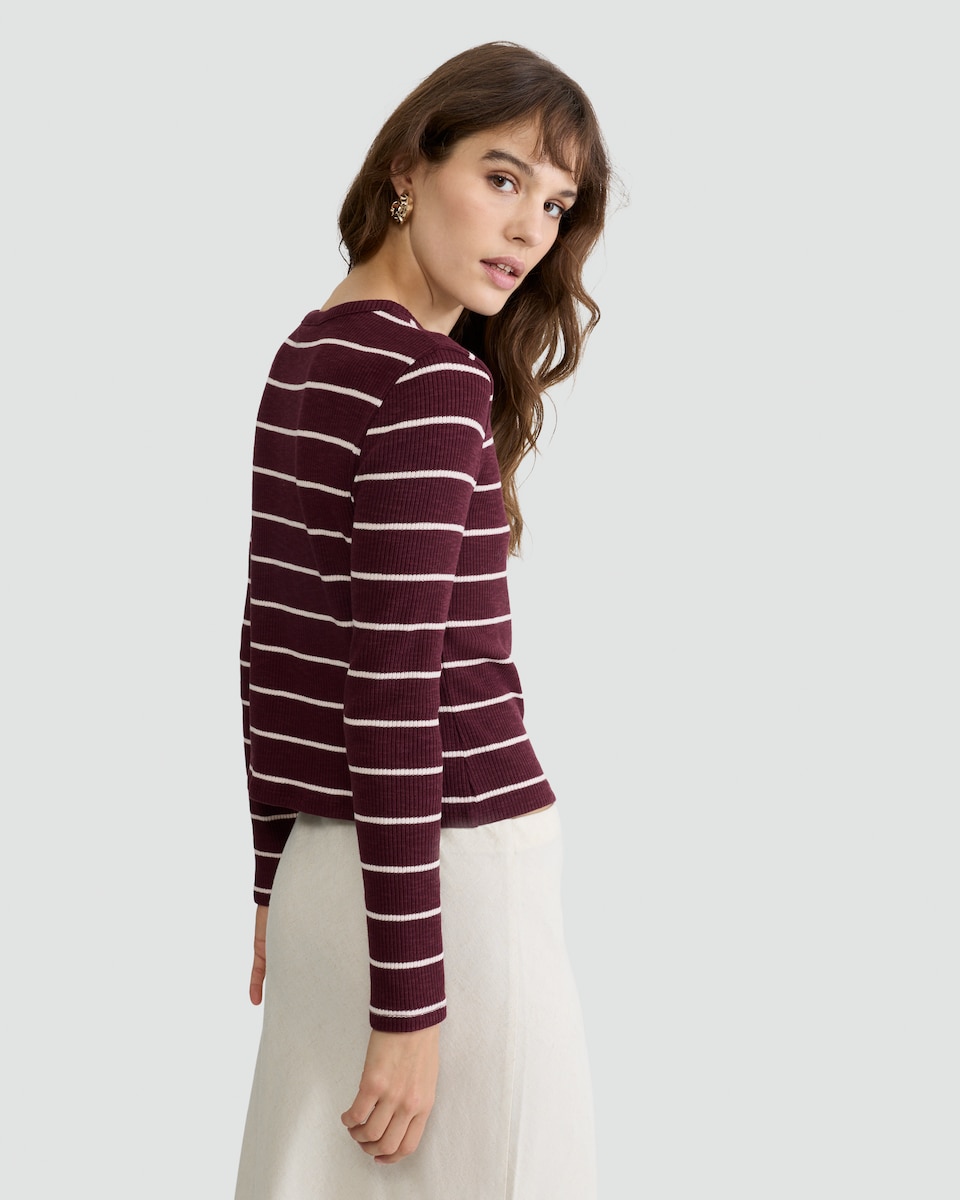 image 1 of F&F Cotton Blend Ribbed Stripe Print Button Through Top in Burgundy