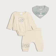 Peter Rabbit 3-Piece Pure Cotton Bodysuit, Leggings and Bib Set in Stone