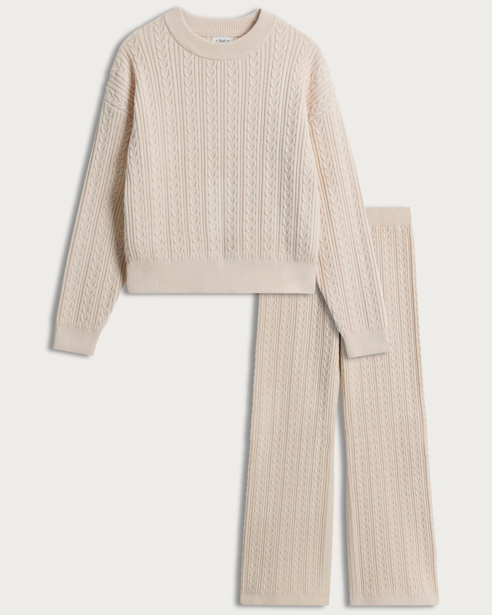 image 1 of F&F Girls 2-Piece Cable Knit Jumper and Trousers Set in Cream