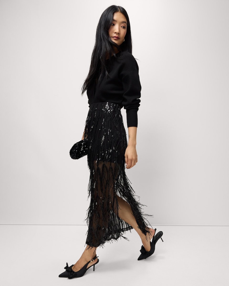 image 1 of F&F Sequin Tassel Midi Skirt in Black