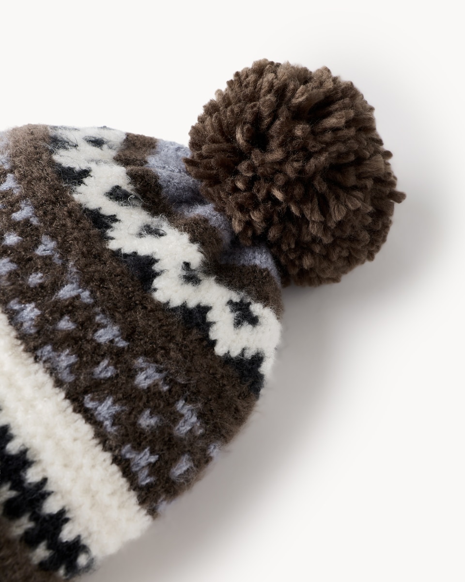 image 1 of F&F Boys Knitted Fair Isle Beanie Hat in Brown