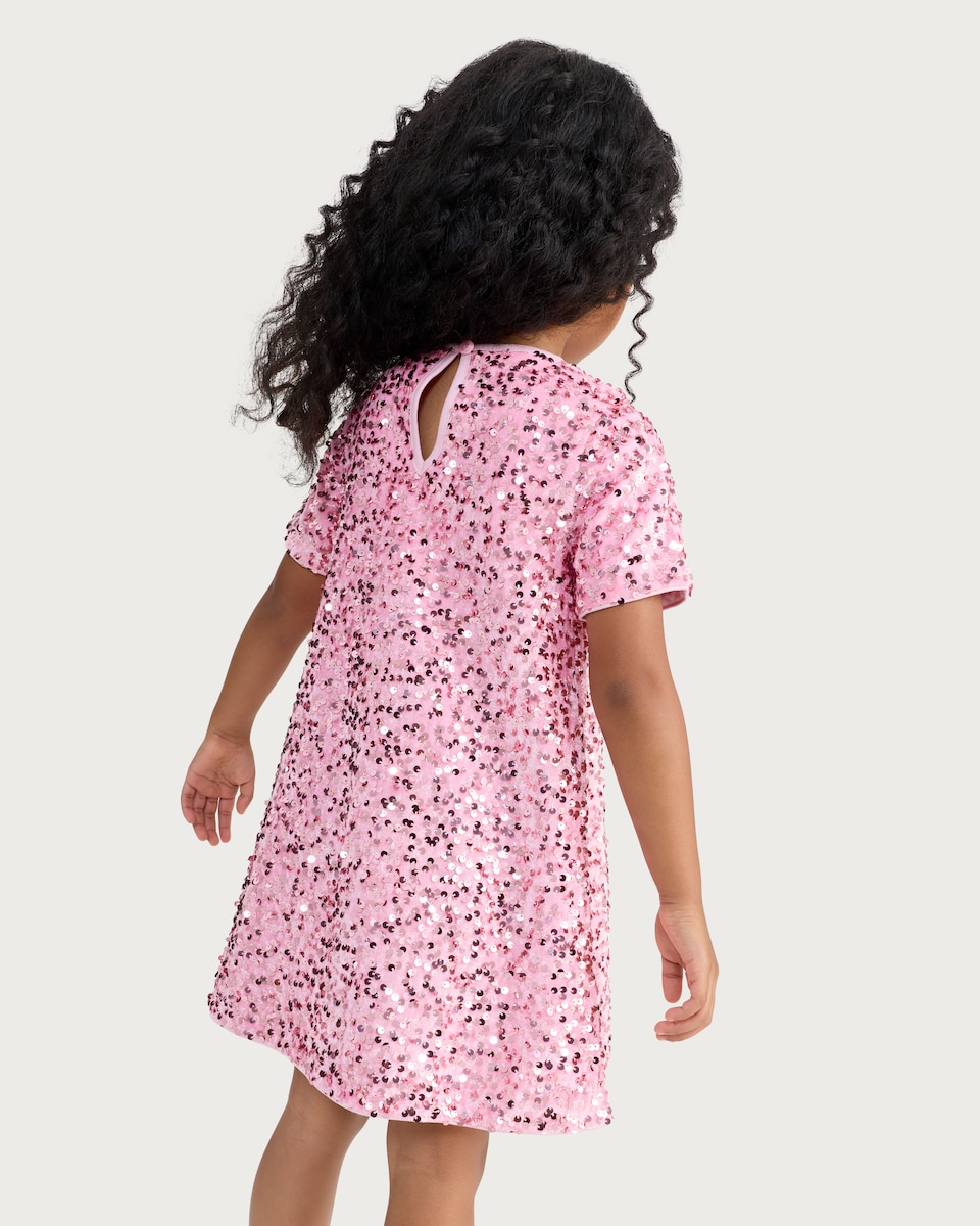 image 1 of F&F Girls Sequin Short Sleeved Dress in Pink