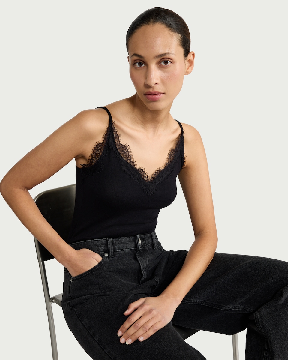 image 1 of F&F Lace Trim Strappy Vest in Black