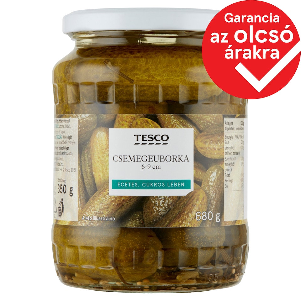 Tesco csemegeuborka ecetes, cukros lében 6-9 cm 680 g