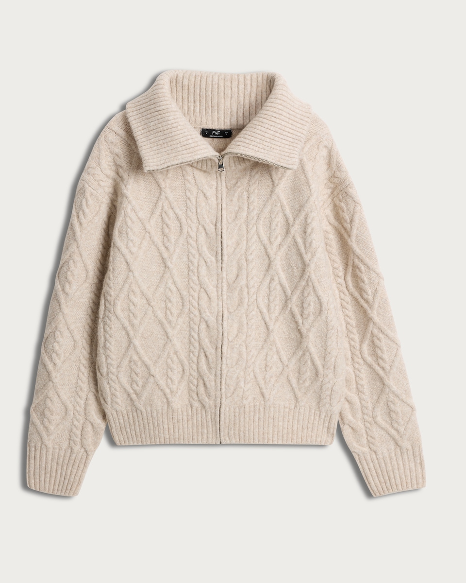 image 1 of F&F Cable Knit Zip Front Cardigan with Wool in Cream