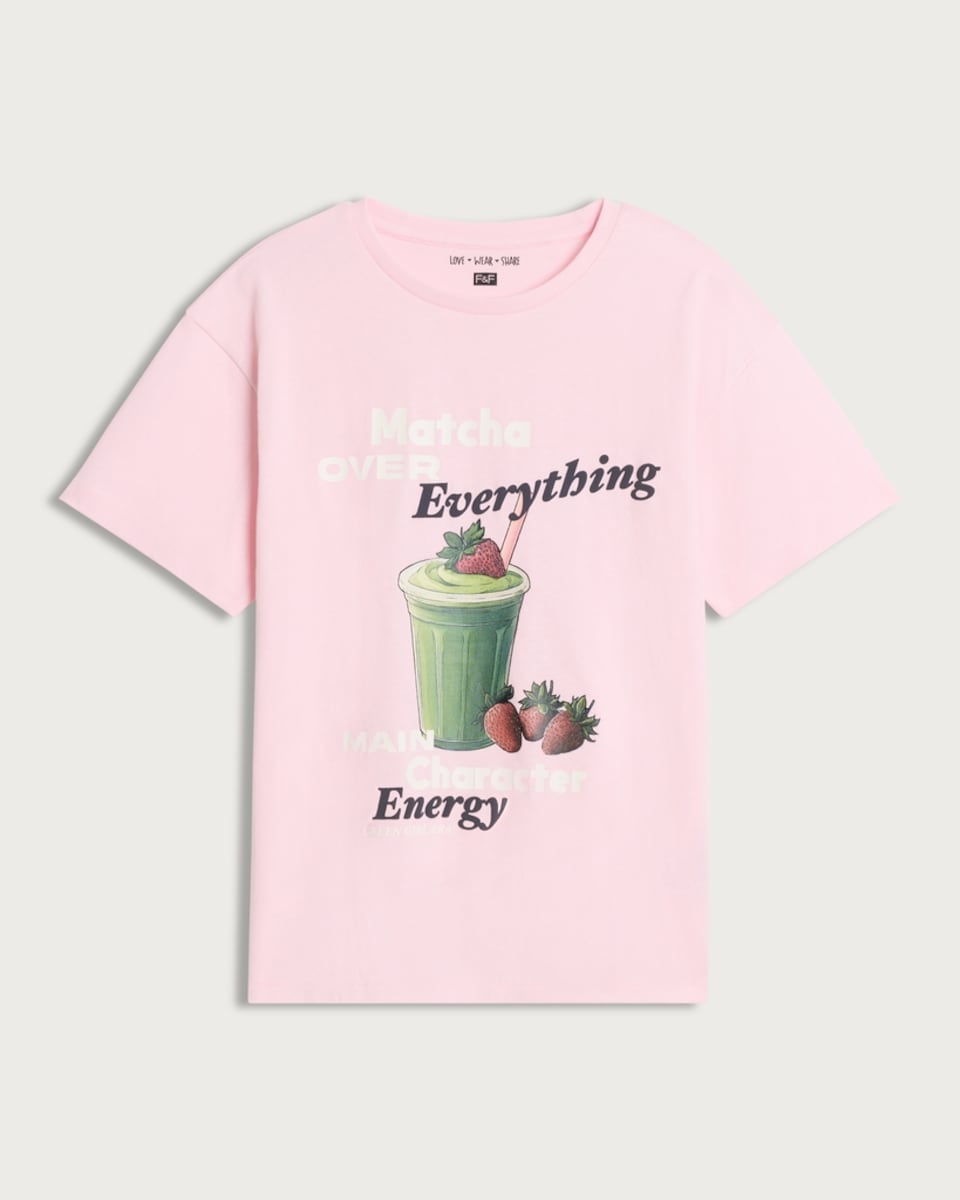 image 1 of F&F Girls Pure Cotton Matcha Over Everything T-Shirt in Pink