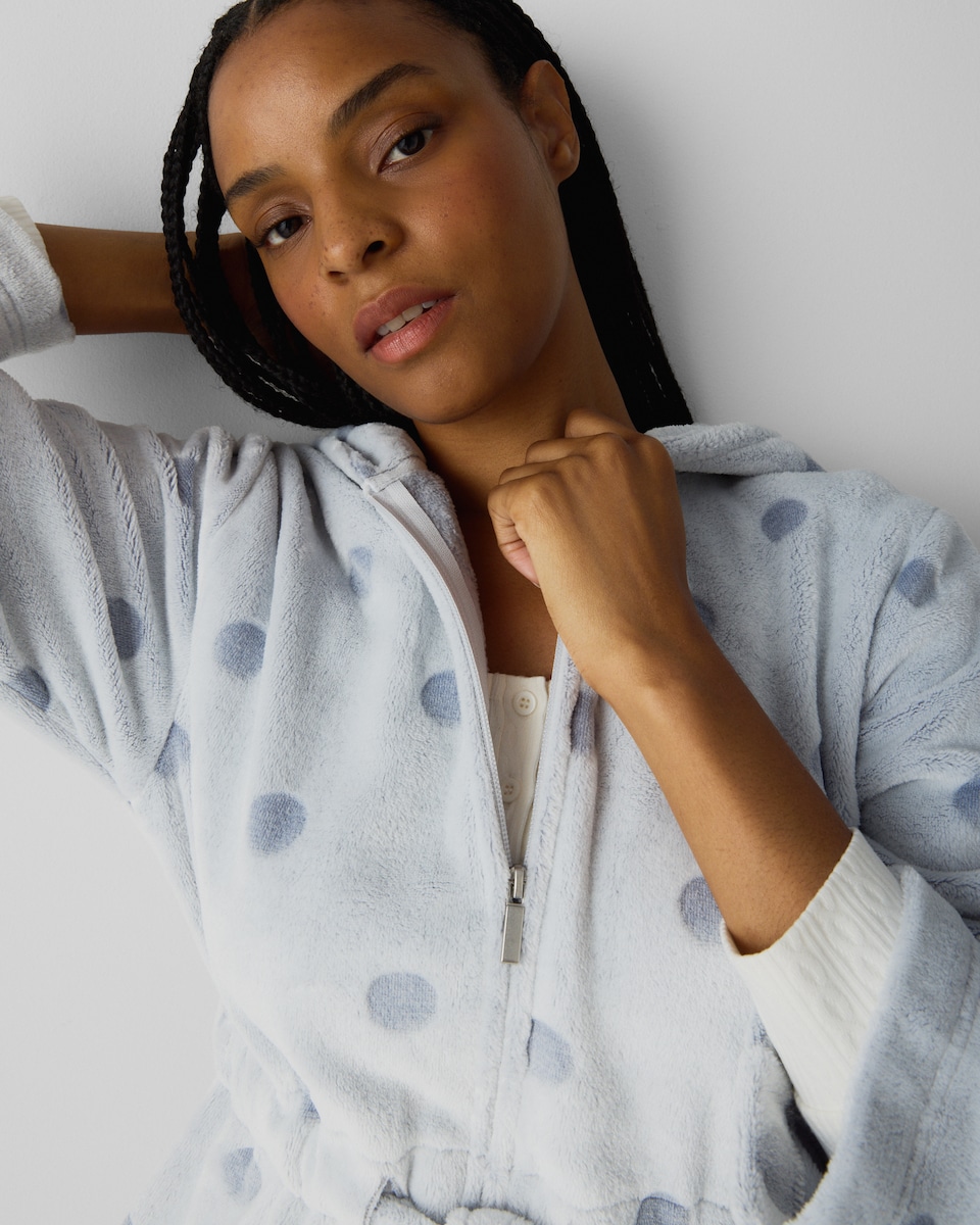 image 1 of F&F Fleece Polka Dot Zipped Dressing Gown in Blue