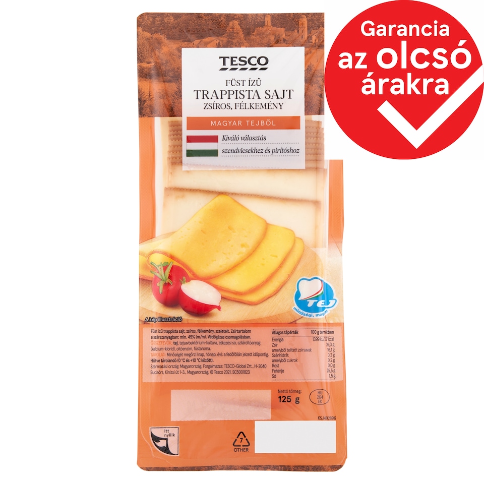 Tesco szeletelt, zsíros, félkemény, füst ízű trappista sajt 125 g
