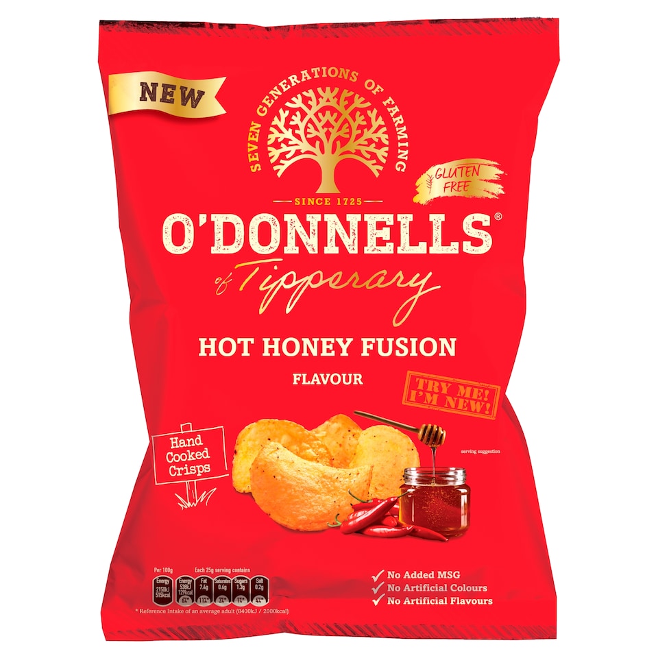 ODONNELLS HOT HONEY FUSION FLAVOURED HAND COOKED CRISPS 125g