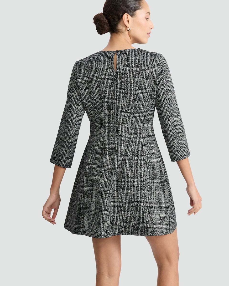 image 1 of F&F Textured Check Print Long Sleeved Shift Dress in Multi Black White