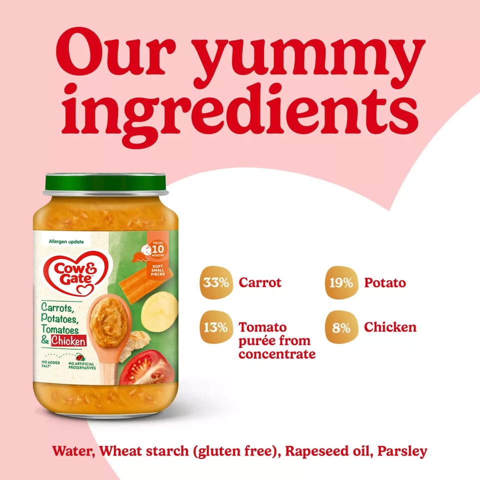 image 1 of Cow & Gate Carrot Chicken Tomato & Potato Baby Food Meal Jar 10+ Months 200g