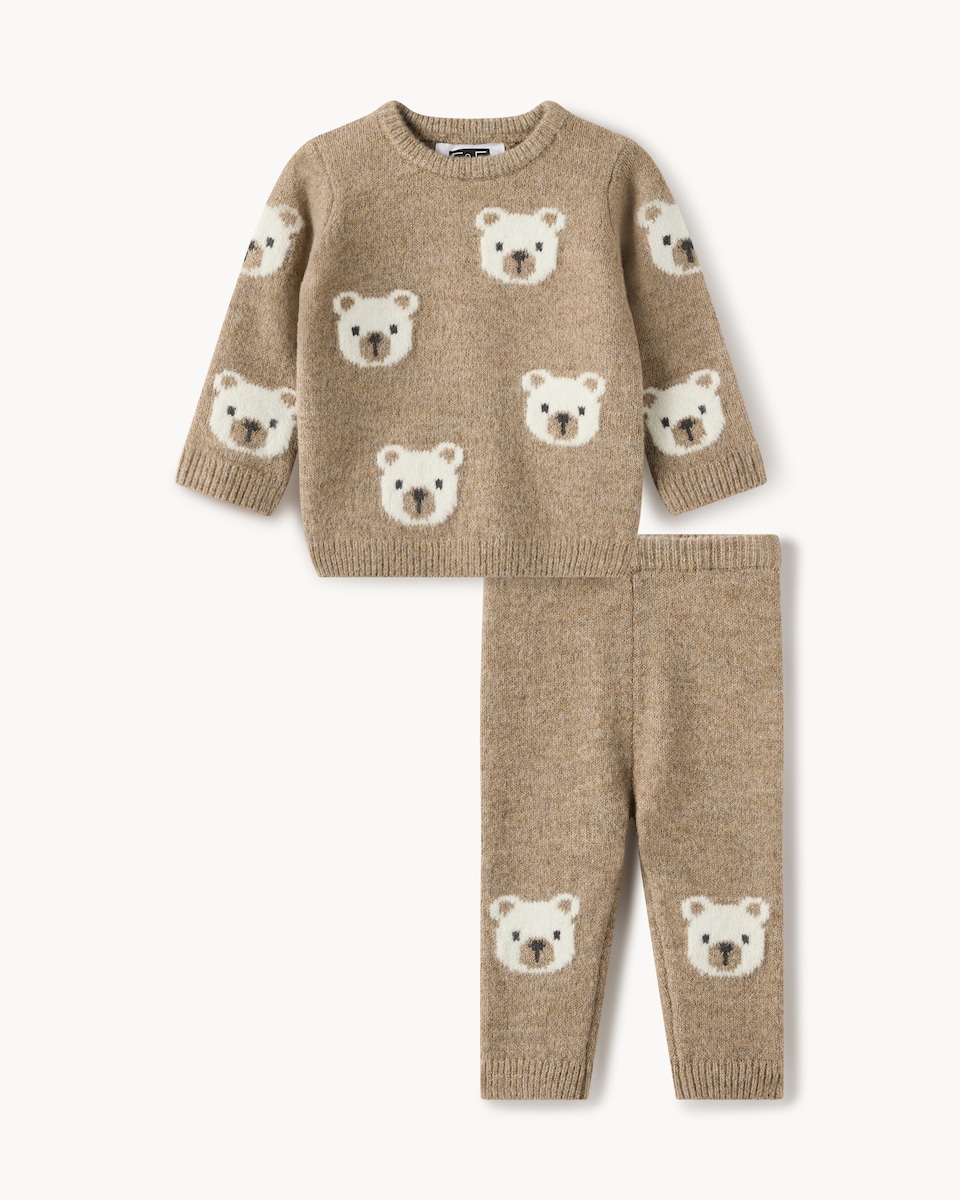 image 1 of F&F Baby Knitted Bear Jumper and Leggings Set in Stone