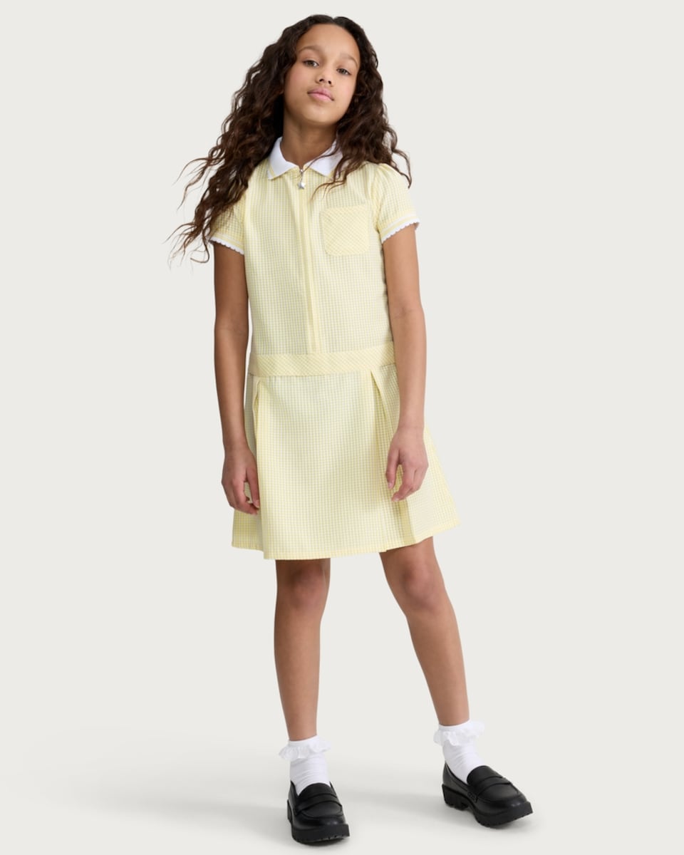 image 1 of F&F School Girls 2-Pack Gingham Short Sleeved Dresses in Yellow