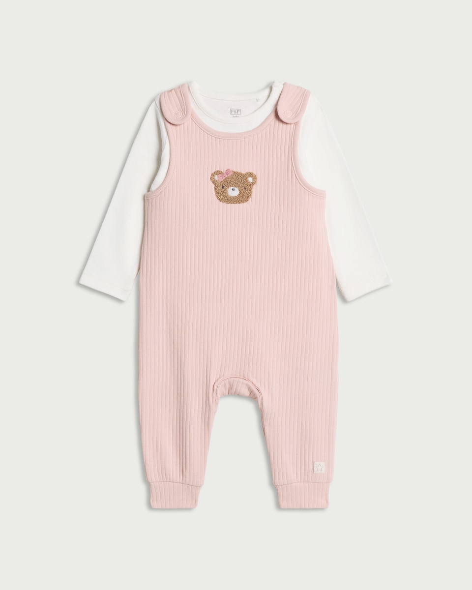 F&F Baby 2-Piece Cotton Rich Teddy Bear Ribbed Dungaree Set in Pink