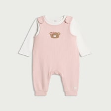 F&F Baby 2-Piece Cotton Rich Teddy Bear Ribbed Dungaree Set in Pink