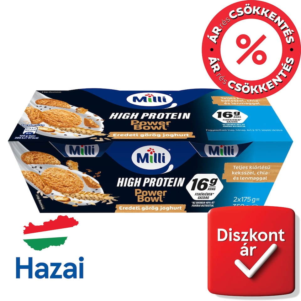 Milli Power Bowl zsírszegény eredeti görög krémjoghurt teljes kiőrlésű keksszel 2 x 175 g (350 g)