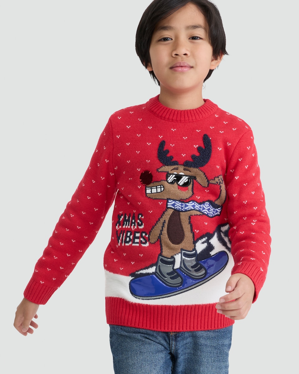 image 1 of F&F Boys Knitted Xmas Vibes Slogan Jumper in Red