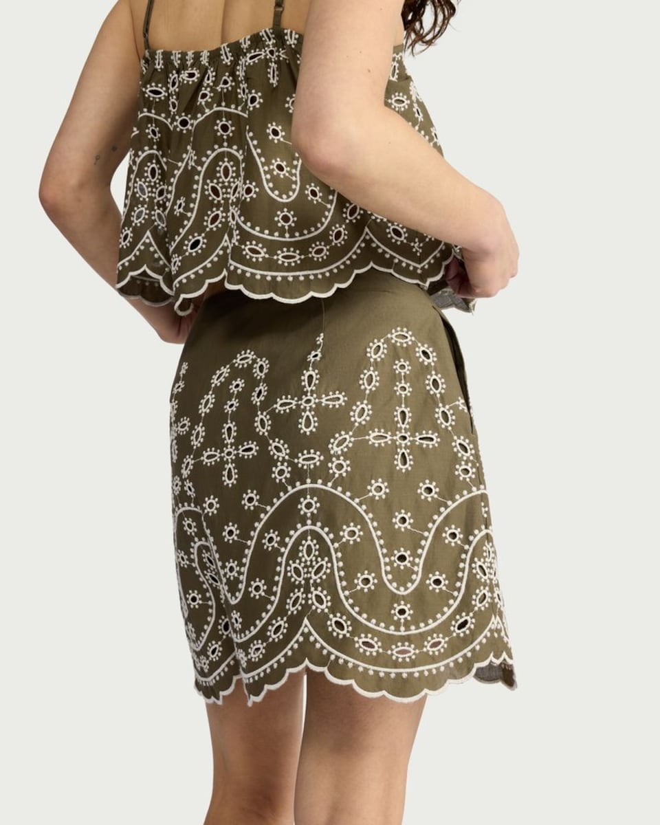 image 1 of F&F Pure Cotton Embroidered Co-ord Mini Skirt in Khaki