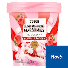 Tesco Mražený krém jahodový a smetanový s jahodovou omáčkou a marshmallows 460ml