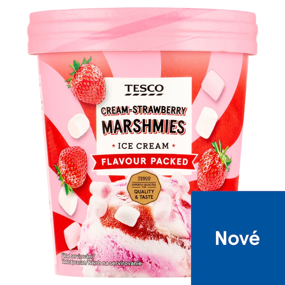 Tesco Mražený krém jahodový a smetanový s jahodovou omáčkou a marshmallows 460ml