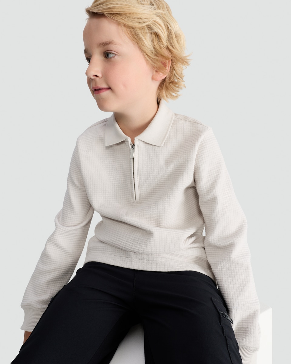 image 1 of F&F Boys Pure Cotton Waffle Textured Zip Polo Top in Med Nude