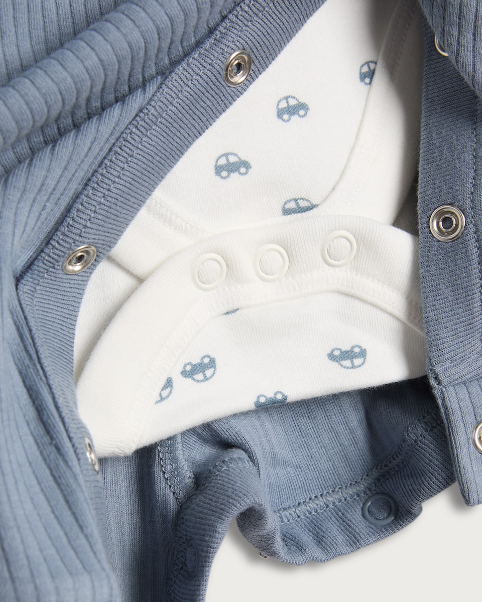 image 1 of F&F Baby Cotton Rich Car Print Bodysuit and Dungarees Set in Blue