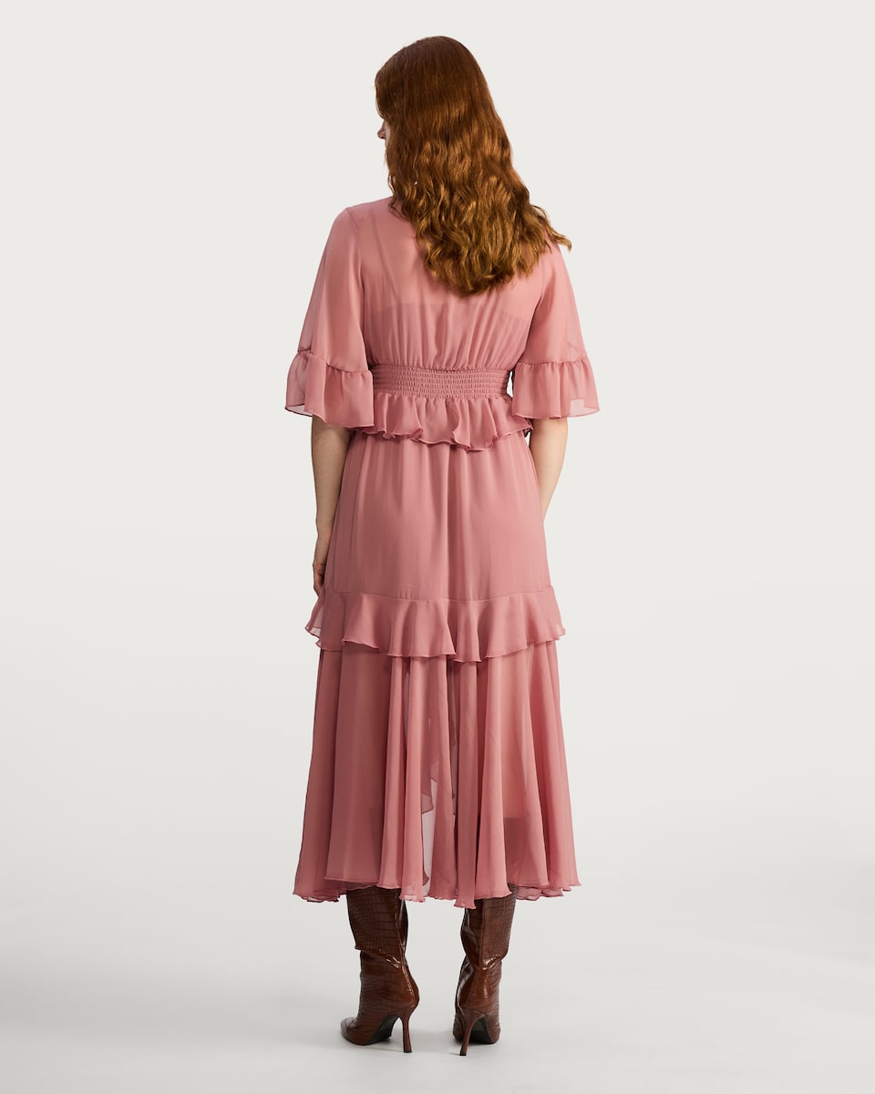 image 1 of F&F Chiffon Ruffle Boho Midi Dress in Pink