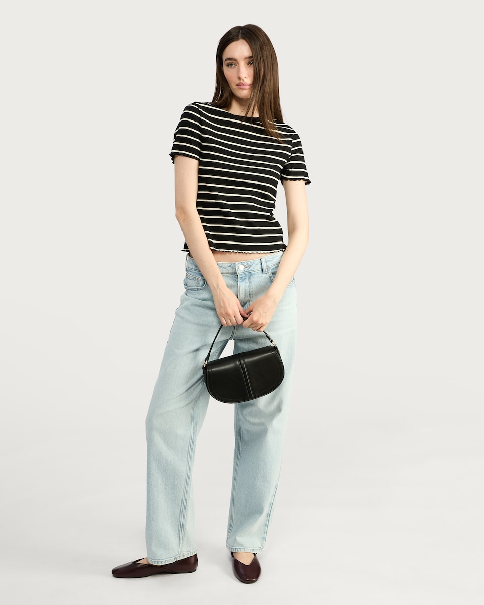 image 1 of F&F Striped Ribbed Lettuce Hem T-Shirt in Multi Brown