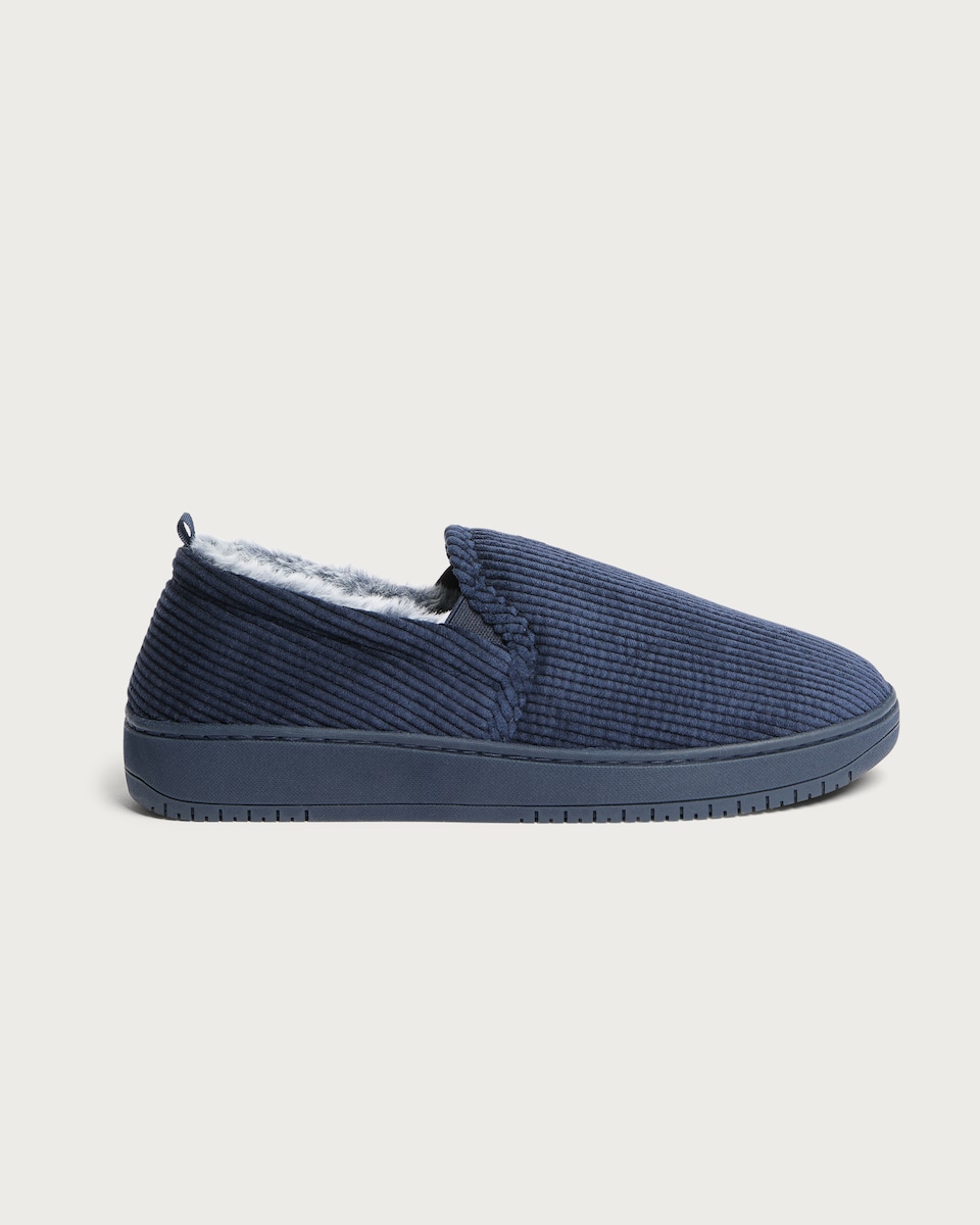 image 1 of F&F Corduroy Faux Fur Lined Slippers in Navy