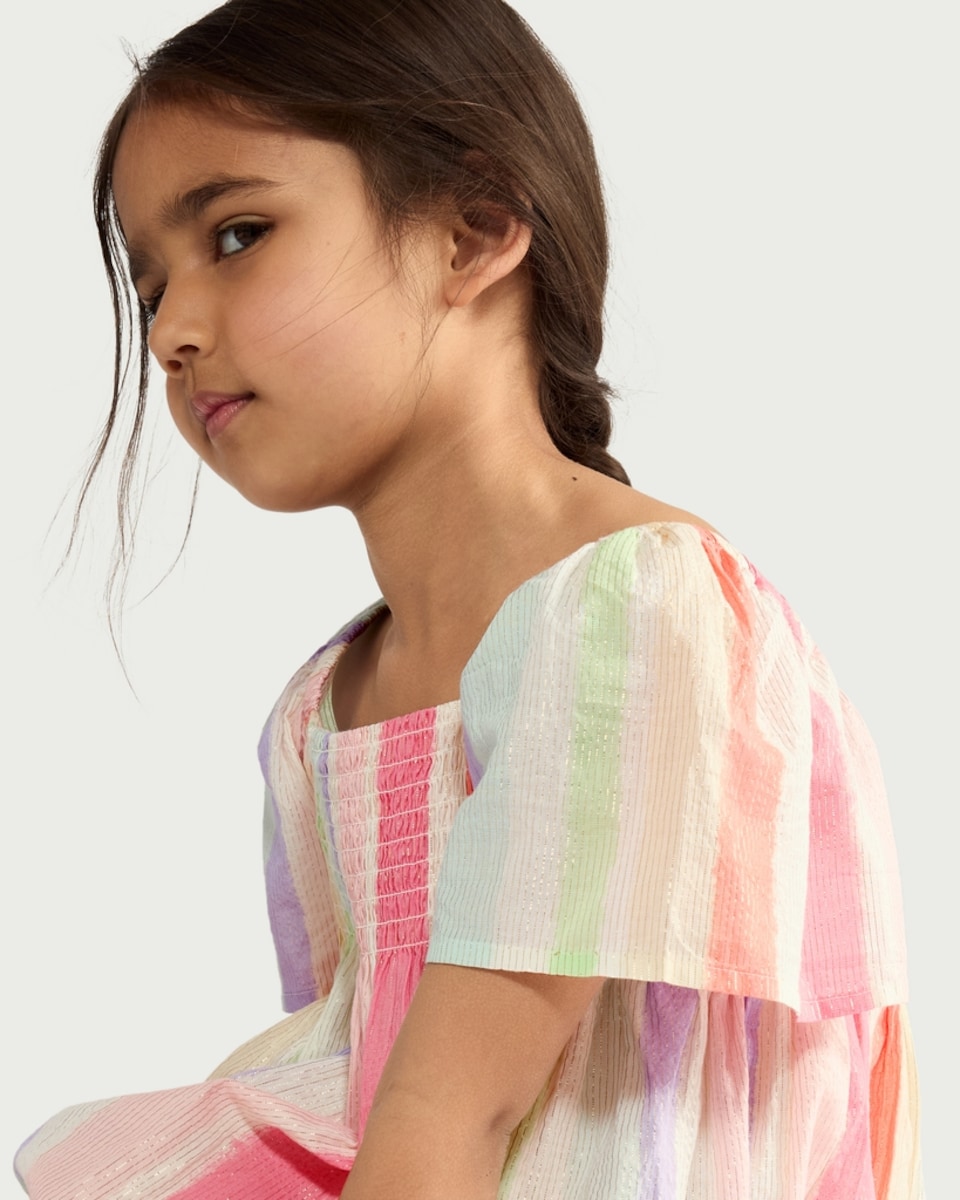 image 1 of F&F Girls Cotton Rich Striped Smocked Dress in Multi