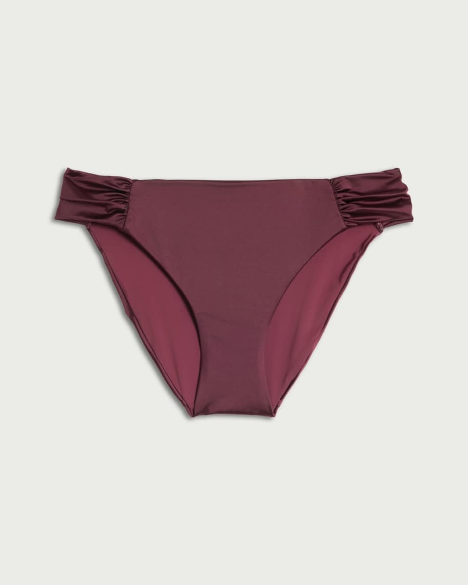 image 1 of F&F High Shine Ruched Side High Leg Bikini Bottoms in Burgundy