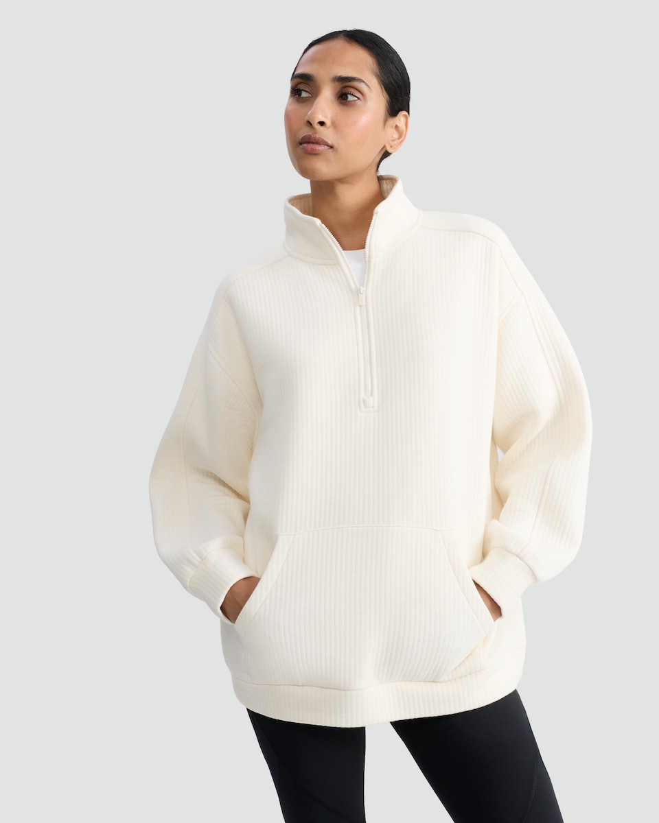 image 1 of F&F Active Pure Cotton Ribbed Half Zip Sweatshirt in Cream