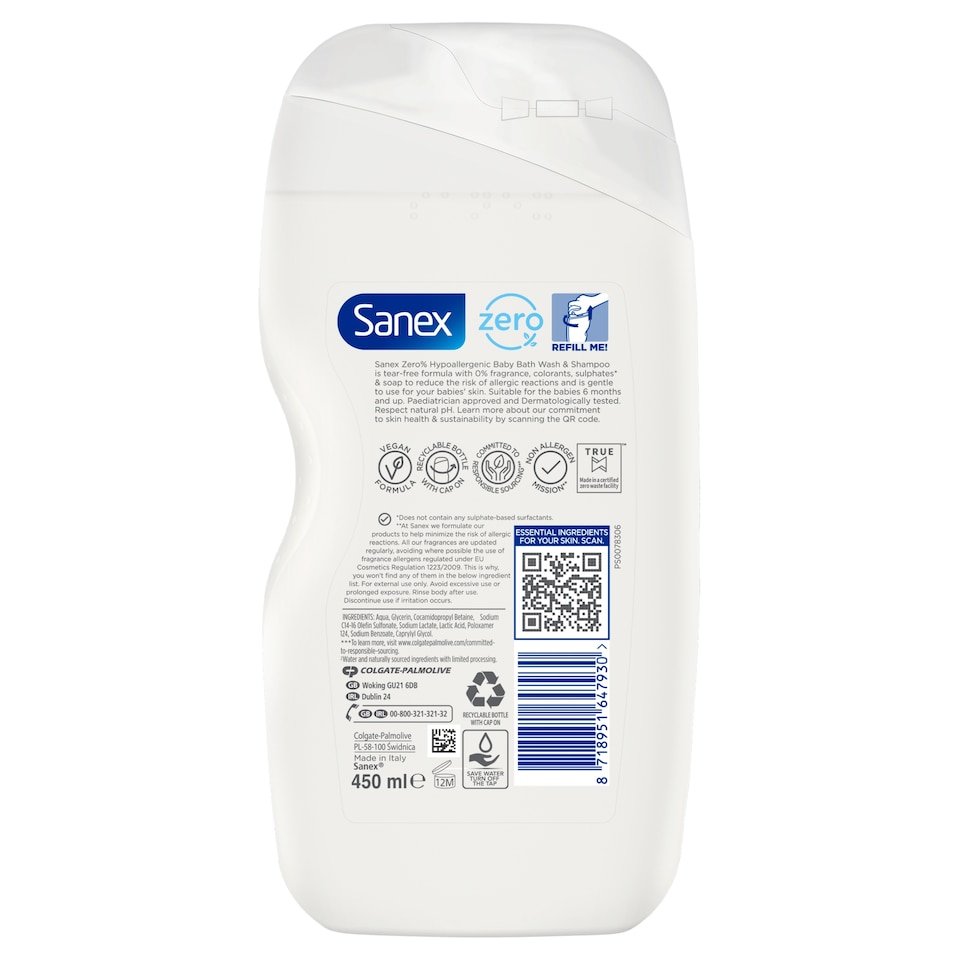 image 1 of Sanex Zero% Baby Hypoallergenic Fragrance Free Bath Wash & Shampoo 450ml