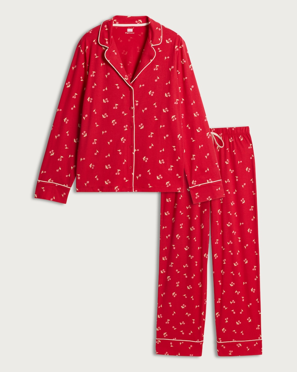image 1 of F&F Pure Cotton Cherry Print Revere Pyjama Set in Multi Red