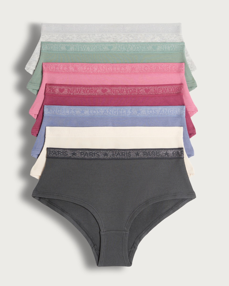 image 1 of F&F Girls 7-Pack Cotton Rich Ribbed Glitter City Print Short Knickers in Multi