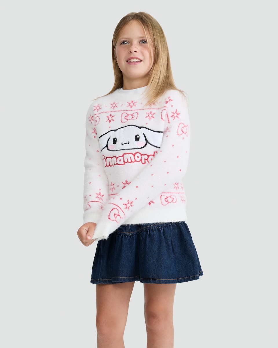 image 1 of Cinnamoroll Snowflake Print Knitted Jumper in White