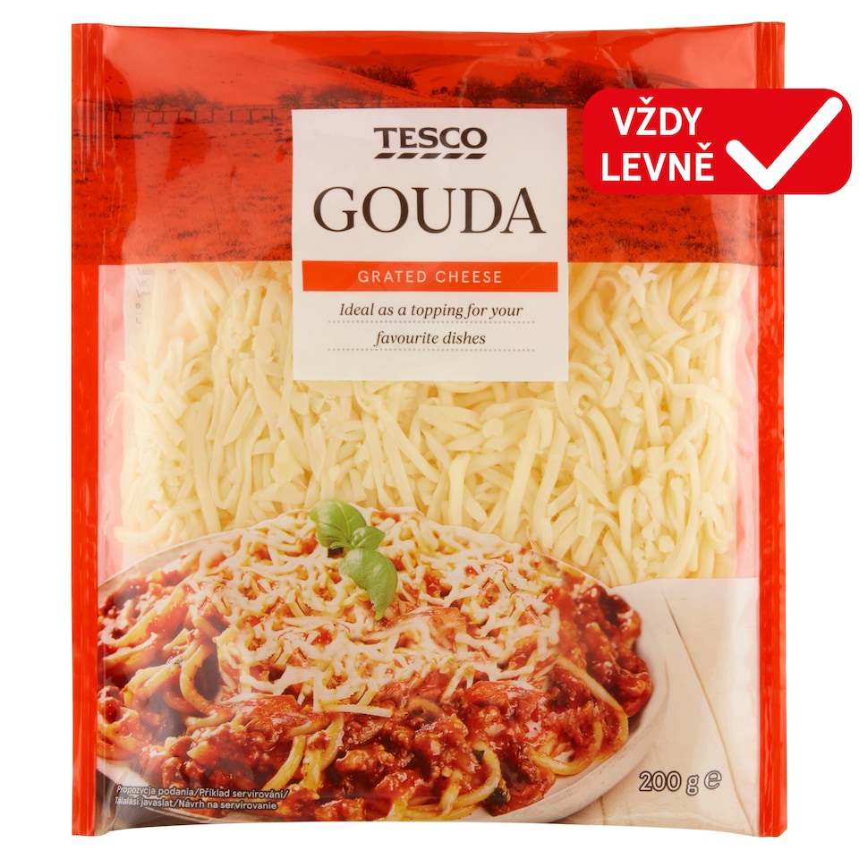 Tesco Gouda polotvrdý zrající plnotučný sýr strouhaný 200g