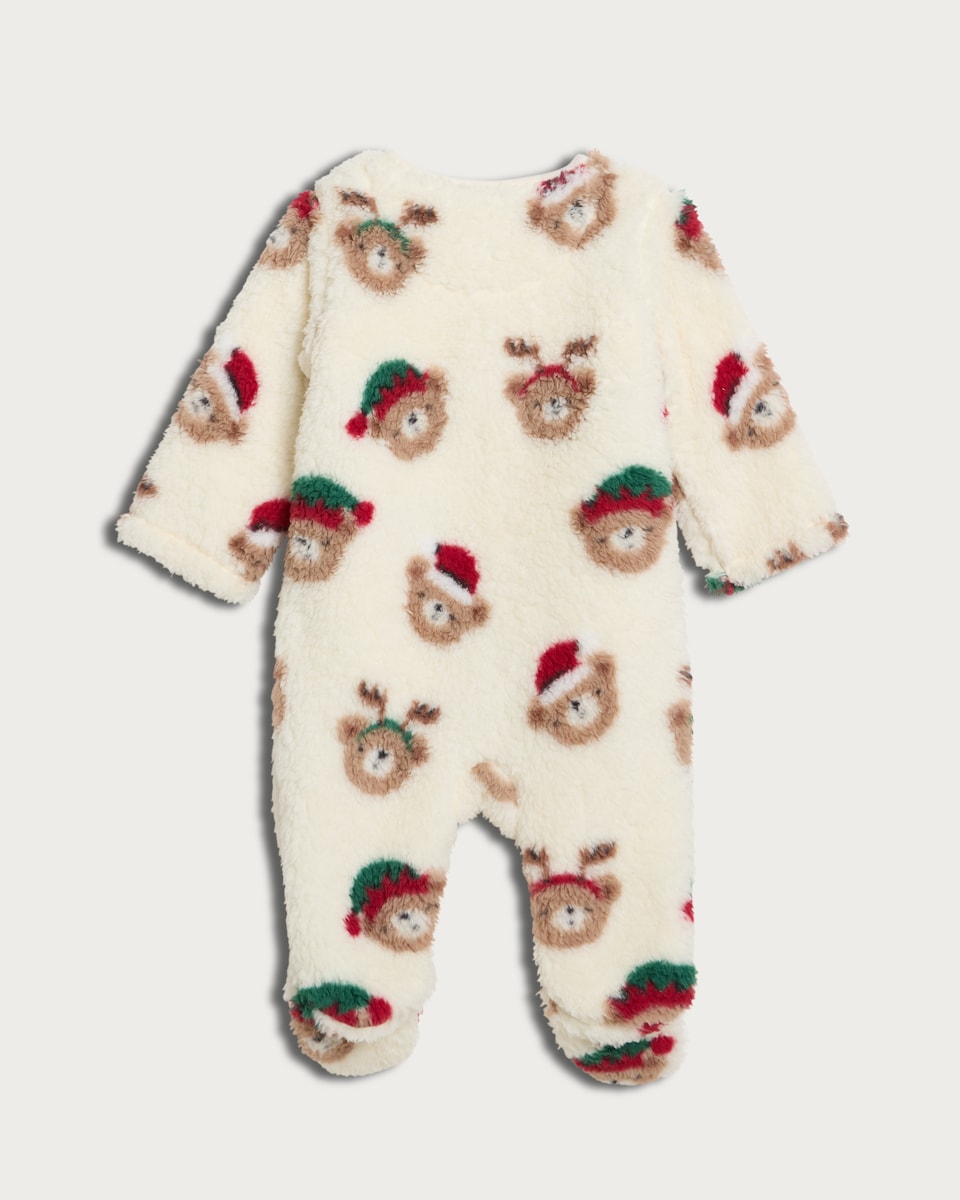 image 1 of F&F Baby Fleece Teddy Bear Christmas Sleepsuit in White