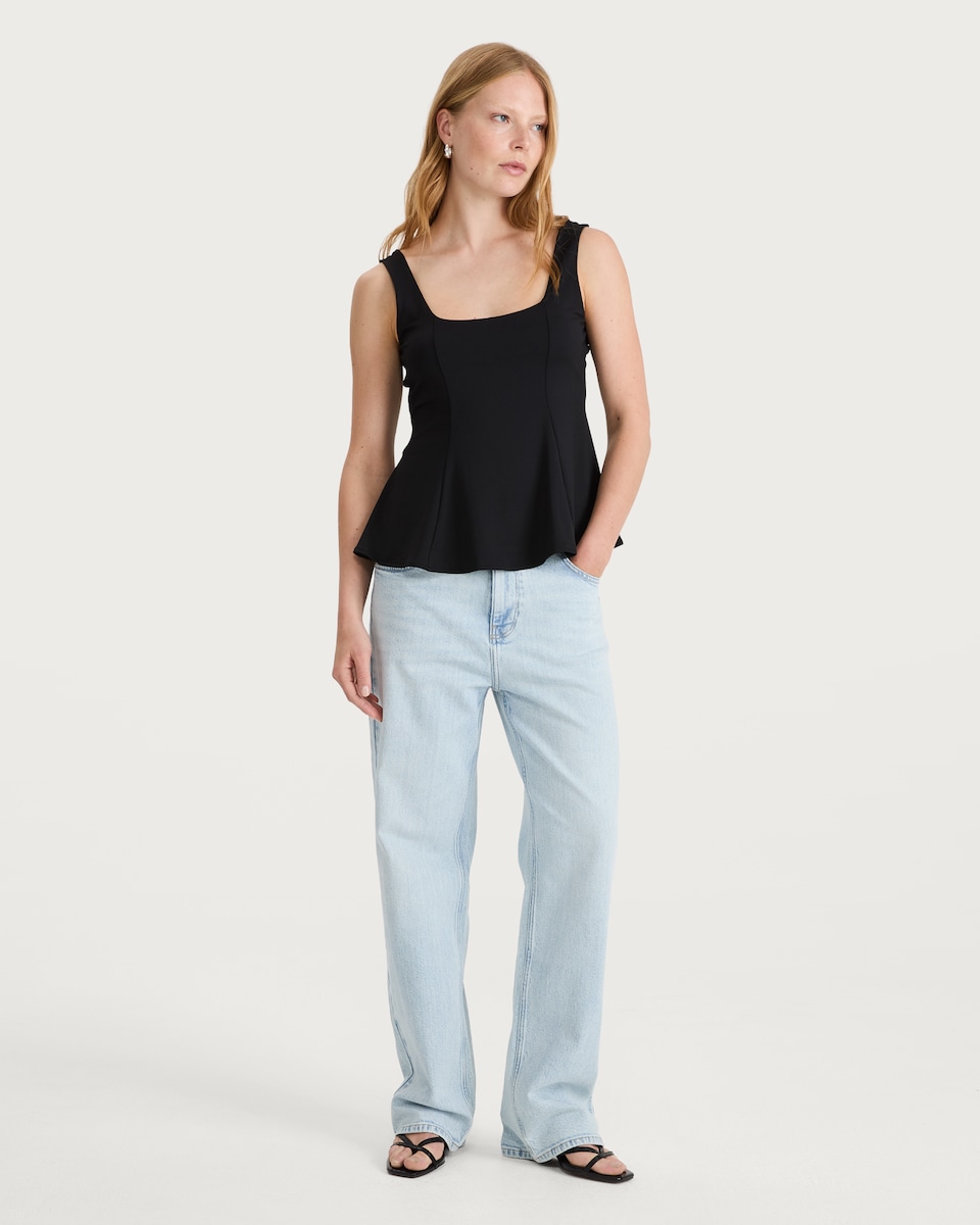 image 1 of F&F Polyamide Square Neck Sleeveless Peplum Top in Black