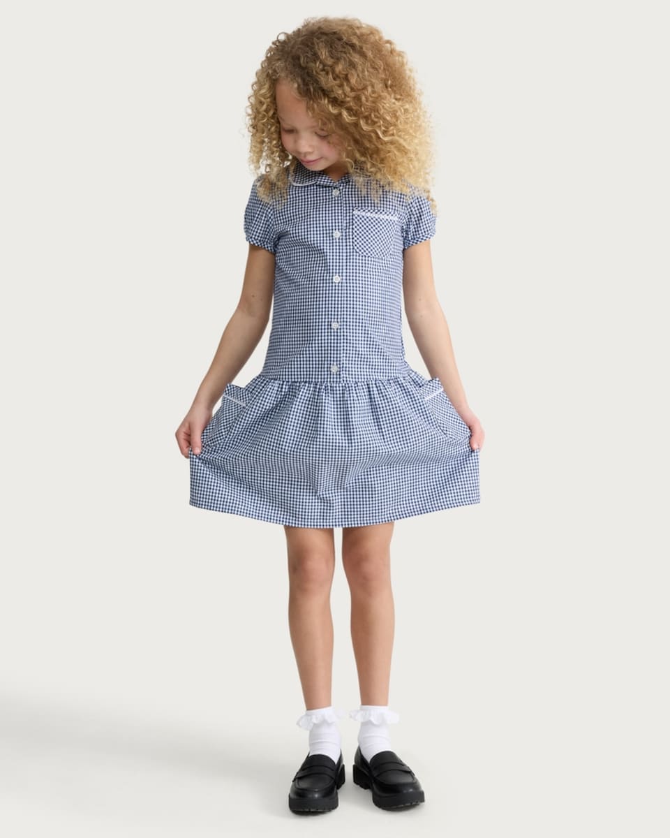 image 1 of F&F School Girls 2-Pack Cotton Rich Gingham Short Sleeved Dresses in Navy