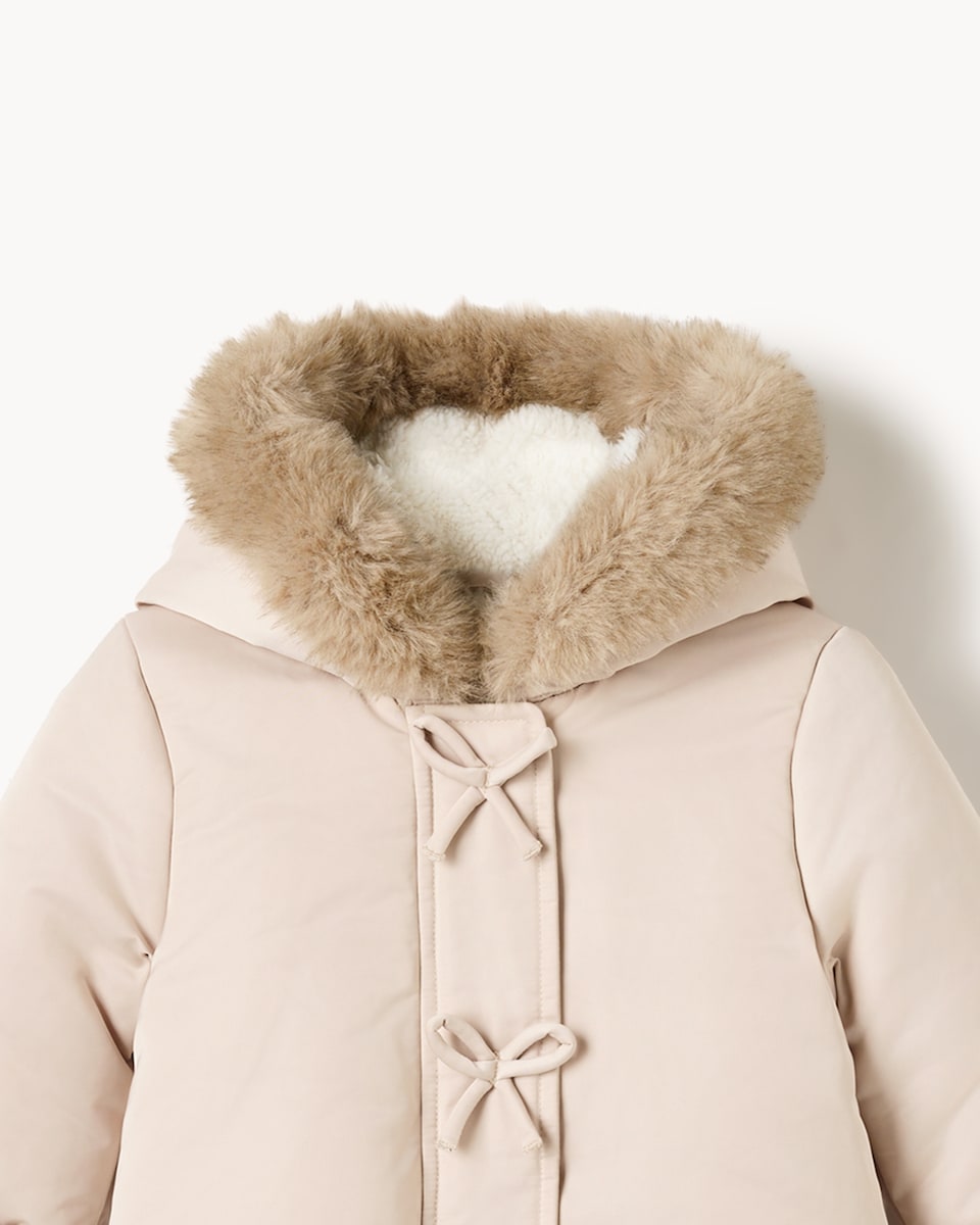 image 1 of F&F Baby Faux Fur Hooded Pramsuit in Gold