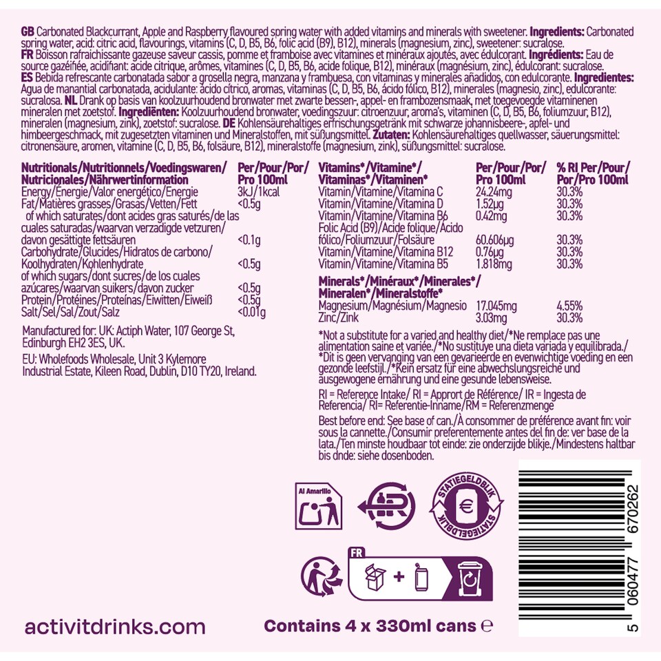 image 1 of Activit Drink Blackcurrant Apple & Raspberry 4X330ml