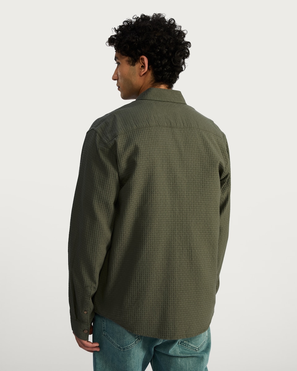 image 1 of F&F Pure Cotton Waffle Textured Button Down Shirt in Khaki