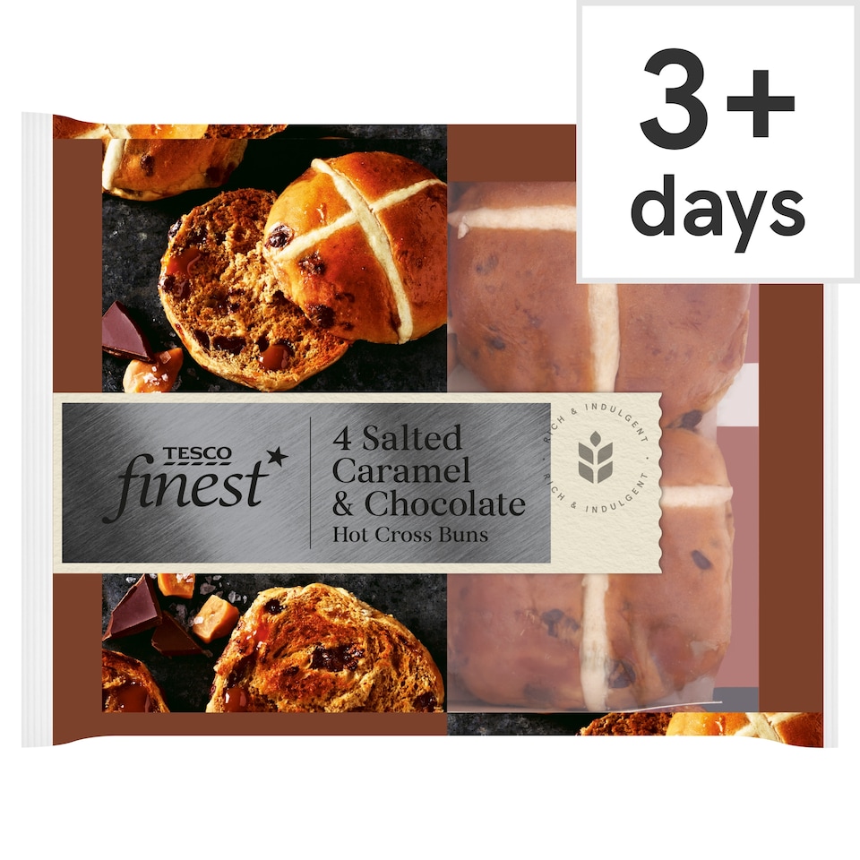 Tesco Finest Salted Caramel & Belgian Chocolate Hot Cross Buns 4 Pack