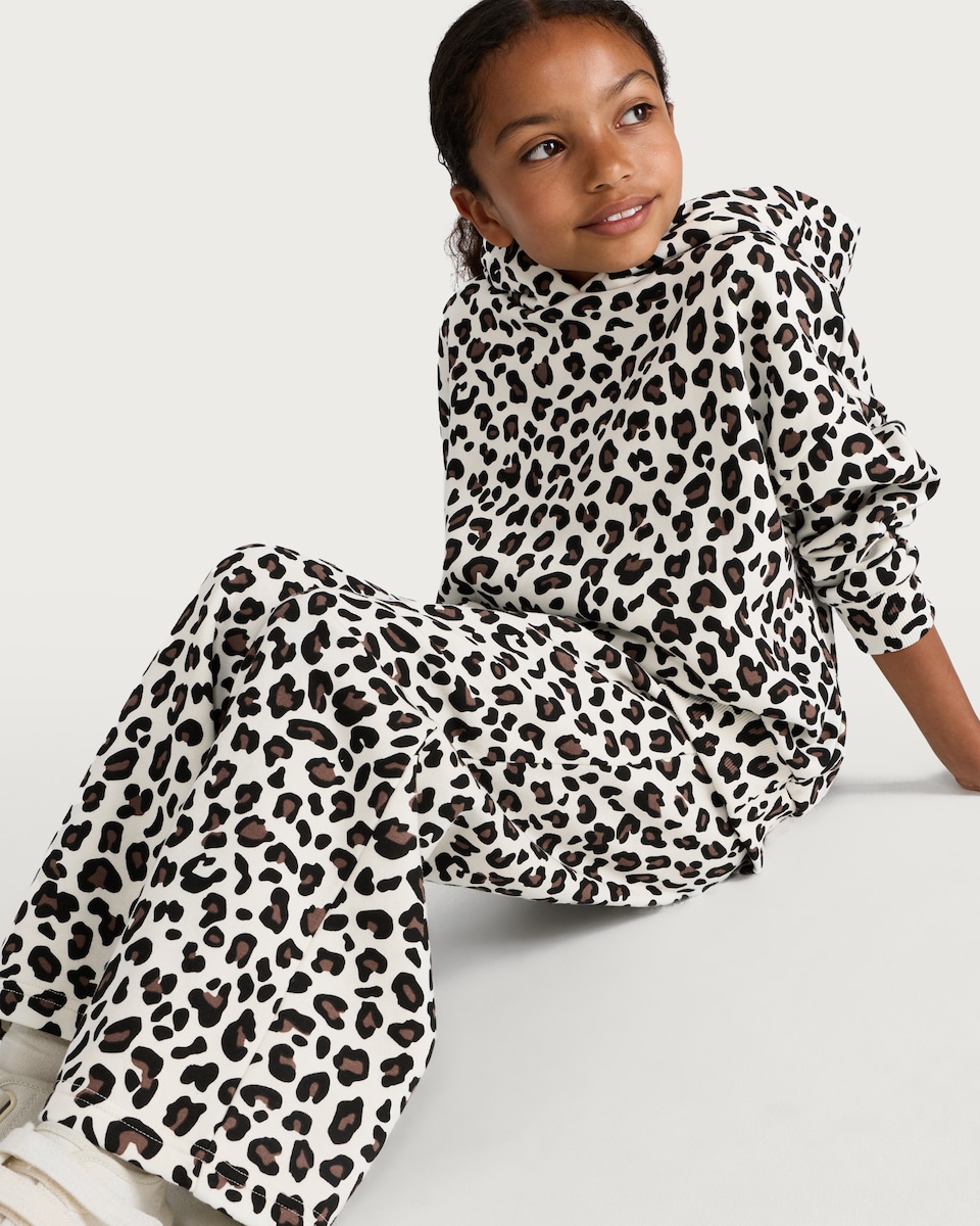 image 1 of F&F Girls Cotton Rich Leopard Print Hoodie in Nude