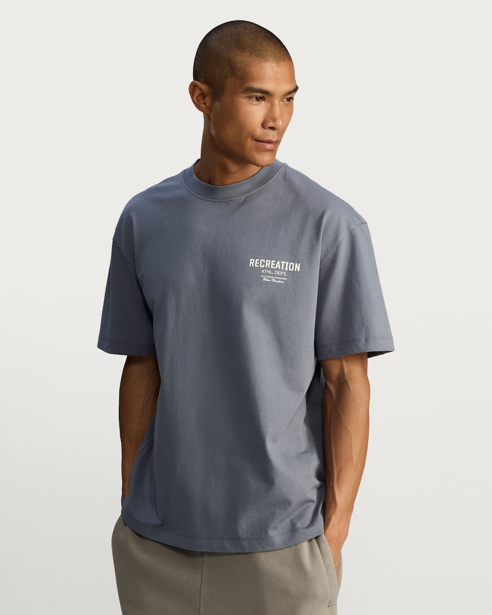 image 1 of F&F Pure Cotton Oversized Recreation Athl. Dept. Slogan T-Shirt in Blue