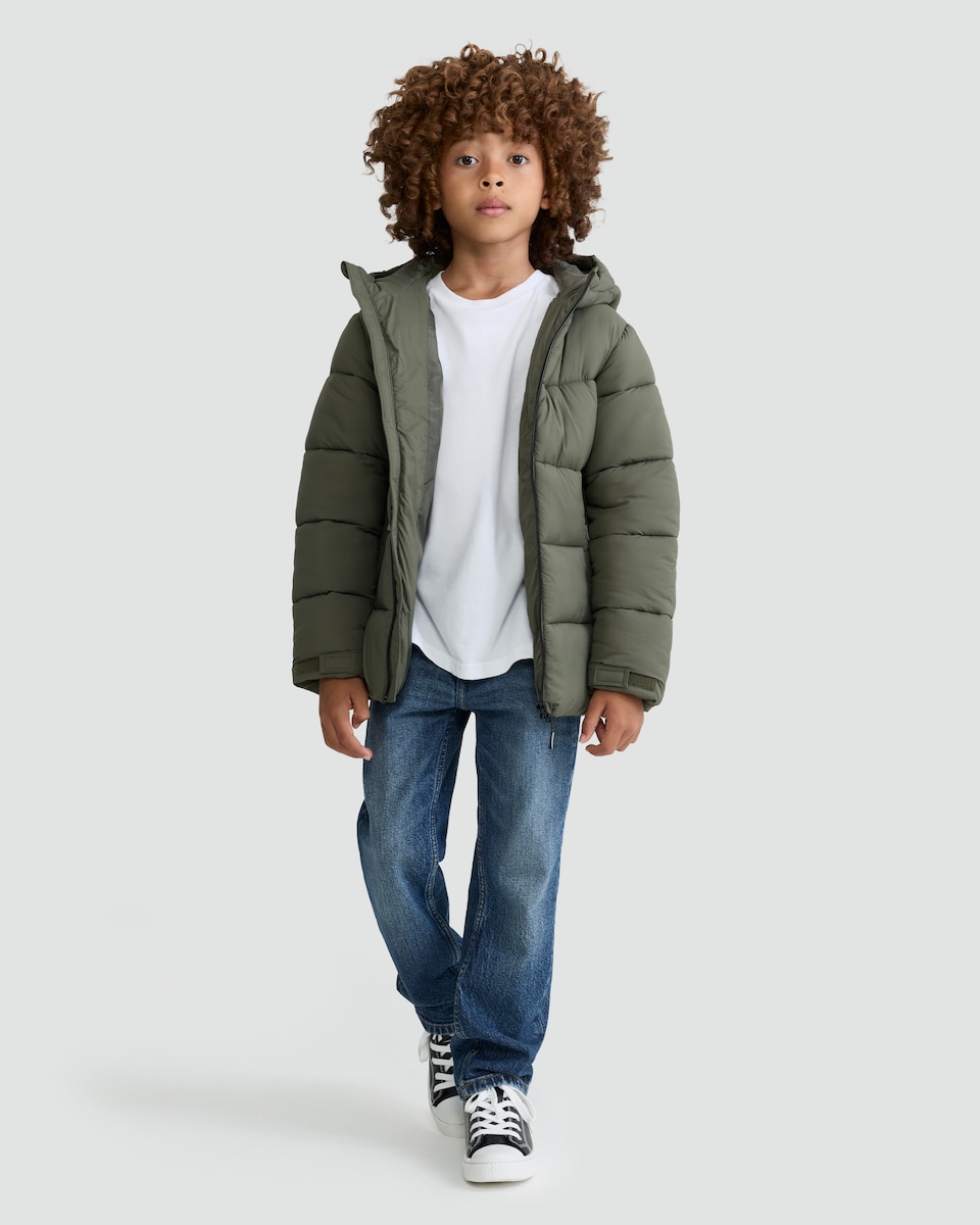 image 1 of F&F Boys Shower Resistant Hooded Puffer Jacket in Khaki