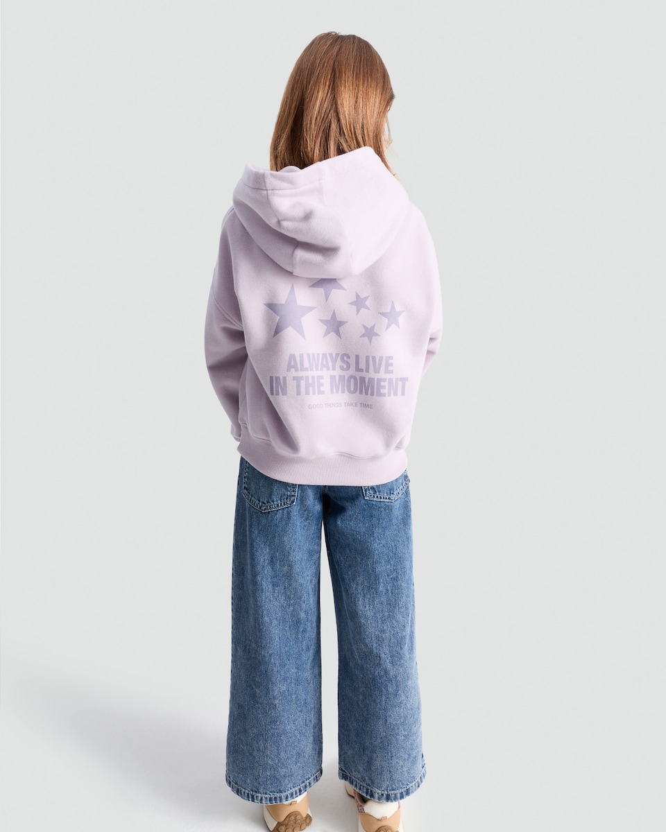 image 1 of F&F Girls Cotton Rich Always Live in the Moment Slogan Hoodie in Lilac
